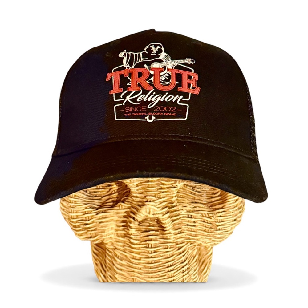 True Religion Black Trucker- Red and White Logo- SnapBack closure